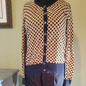 Ann Taylor Navy and Tan Polka Dot Cardigan Size Large